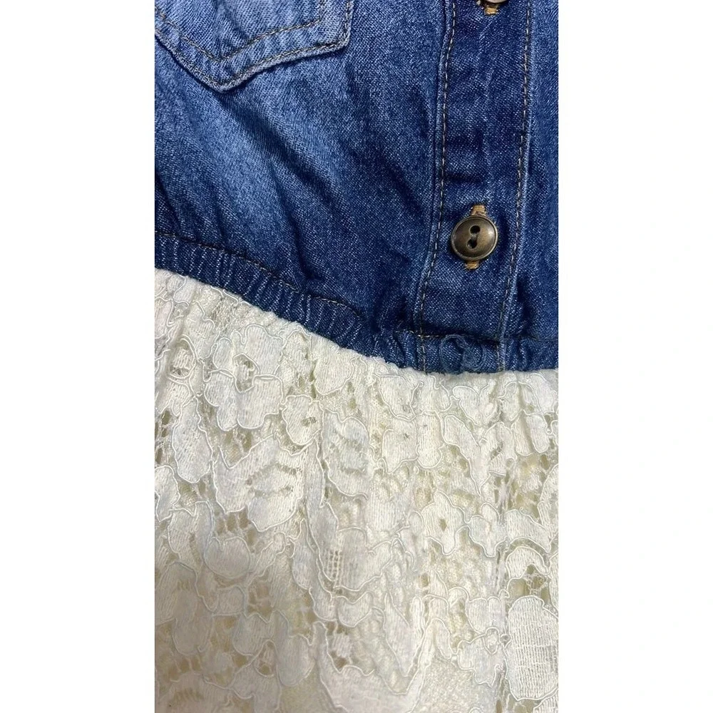 Sugar California Dress Kids XS Blue Cream Good Denim Lace Tiered Sleeveless Boho